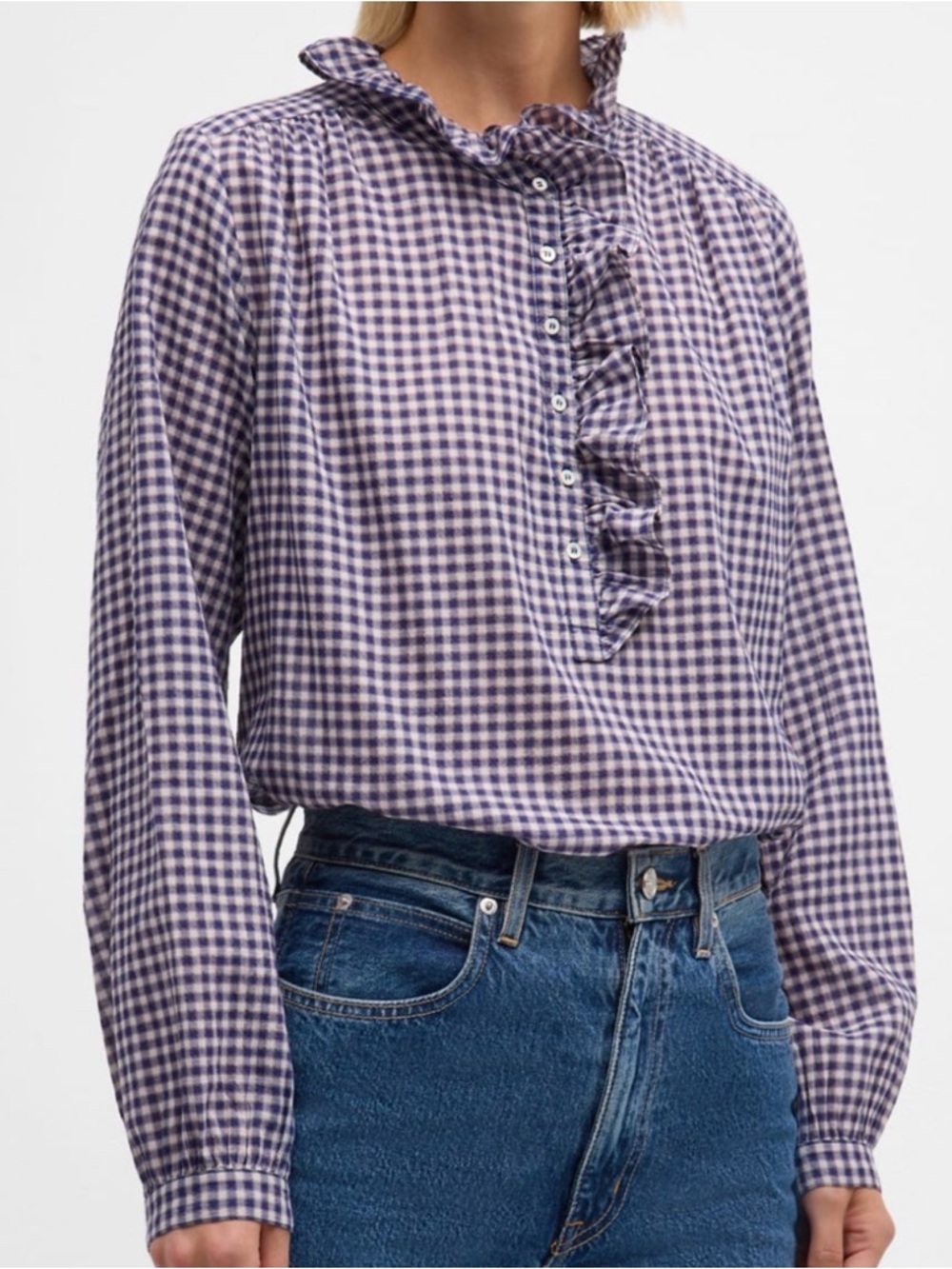XiRENA Navy & White Gingham Ruffle Front Blouse size small